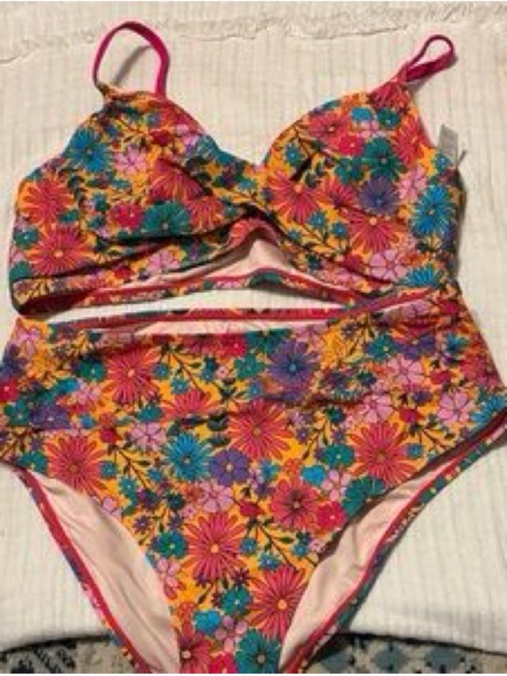 Cupshe Vibrant Floral Two-Piece Swimsuit in orange Pink Teal Purple